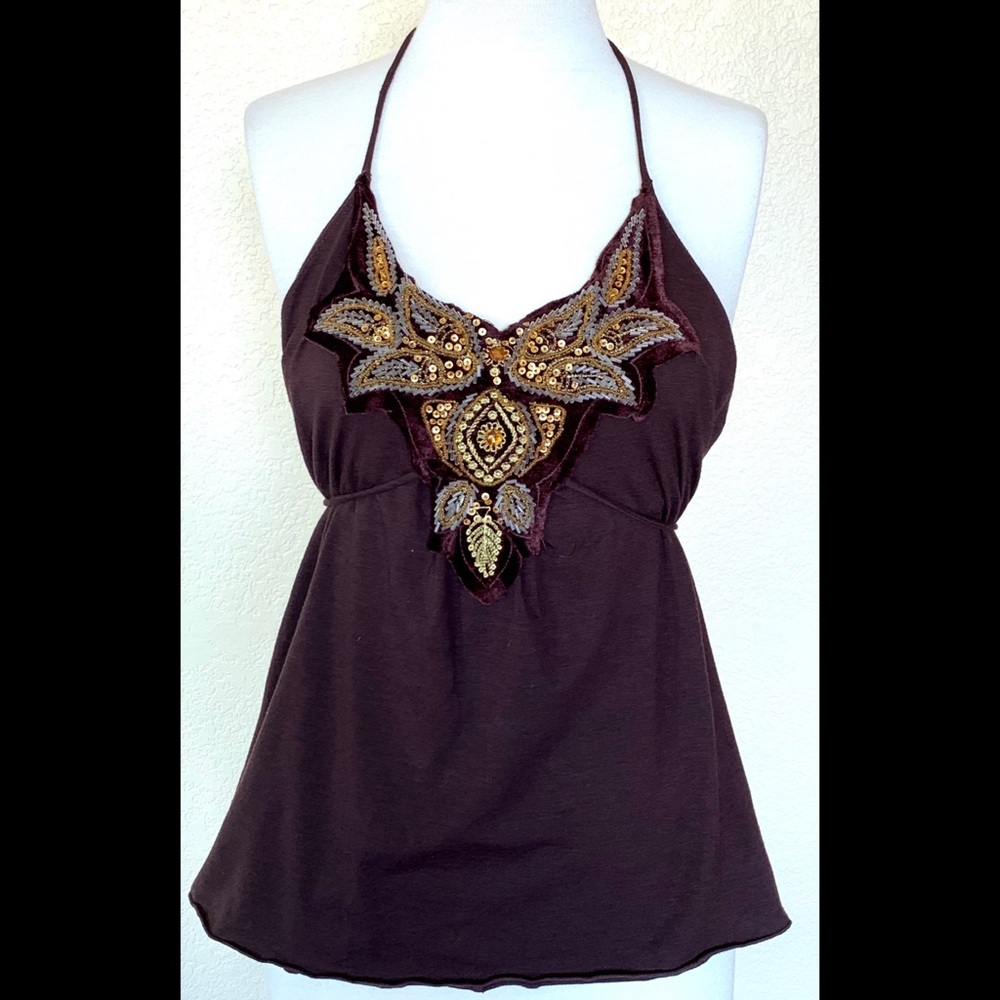 Georgiou Studio Brown Embellished Halter Top